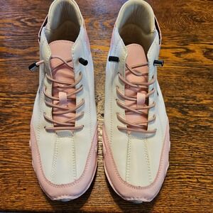 LDECK Women Casual Athletic Pink White Leather Sneakers Low Profile Size US 10